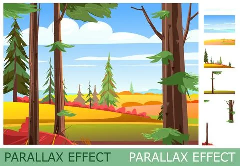 Autumn landscape in pine forest. View of rural fields. set of slides create Stock Illustration