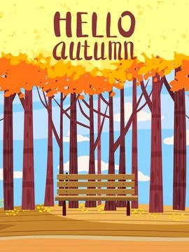 Autumn landscape poster, fall trees with yellow leaves, lonely bench Stock Illustration