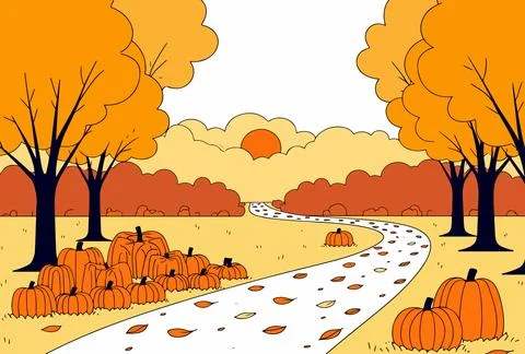 Autumn Landscape with Pumpkins Illustration