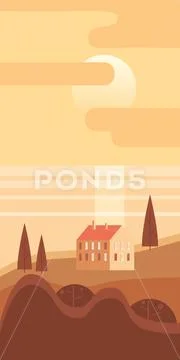 Autumn landscape rural suburban traditional building, hills and trees mountains Stock Illustration
