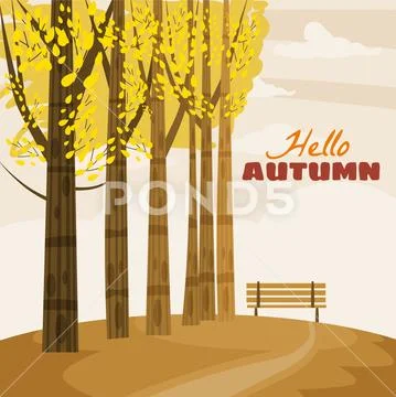 Autumn landscape with trees, hills, branch, and fall leaves, vactor Stock Illustration