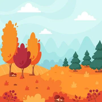 Autumn landscape with trees, mountains, fields, leaves. Countryside landscape 库存插图