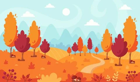 Autumn landscape with trees, mountains, fields, leaves. Countryside landscape Stock Illustration