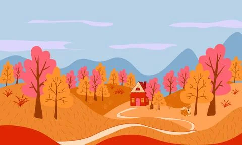 Autumn landscape with trees, mountains, fields, fox and house. Countryside .. Illustrazione stock