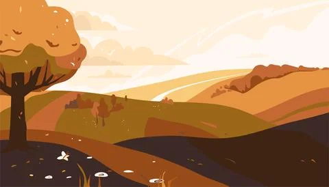 Autumn landscape vector illustration with tree, rolling hills, cloudy sky. .. Stock Illustration