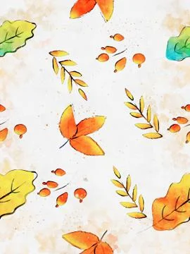 Autumn leaf with berry background, fall season image, digital watercolor pain Illustrazione stock