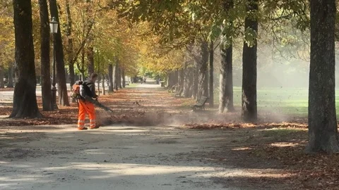 Autumn Leaf Blower Worker in Parma Park, Italy. Author: Jundiet A. Stock-Footage 318320822