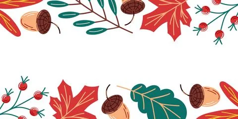 Autumn leaf border concept with maple and oak leaf, acorn, berry, and plant twig Stock Illustration