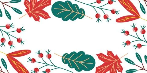 Autumn leaf border with oak and maple foliage, red berries, and green branches a Stock Illustration