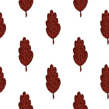 Autumn leaf doodle seamless pattern. Maroon colored foliage on white backgrou Stock Illustration