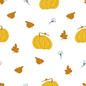 Autumn leaf fall pattern, pumpkin and twigs with berries. Cartoon illustration Stock Illustration