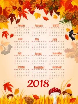 Autumn leaf fall vector 2018 calendar template Illustrazione stock
