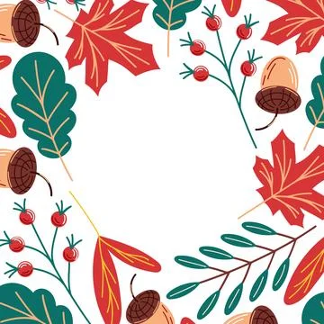 Autumn leaf frame with red maple leaves, green leaves, acorn, and berries for 스톡 일러스트