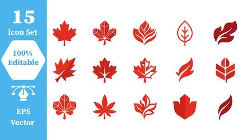 Autumn leaf icon collection in red and brown tones with illustration, colle.. Stock Illustration