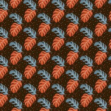 Autumn Leaf Seamless Pattern with Terracotta and Blue Gray Leaves on Dark B.. Stock Illustration