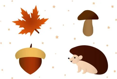 Autumn leaf set. Hedgehog, maple leaf, mushrooms and acorns. 库存插图