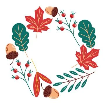 Autumn leaf wreath with maple leaf, acorn and berries. Seasonal nature floral Stock Illustration
