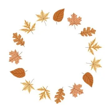 Autumn Leaf Wreath with Maple, Oak and Birch Hand Drawn Fall Circle Frame for Stock Illustration