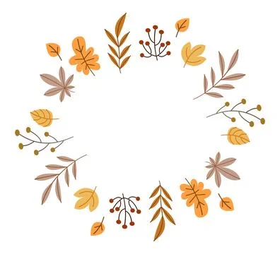 Autumn leaf wreath vector design, fall foliage circular frame with branches and Stock Illustration