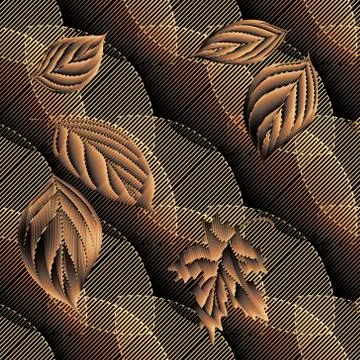 Autumn leaves 3d seamless pattern. Grunge texture. Ornamental geometric vecto Stock Illustration