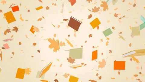 Autumn leaves and stack of textbooks falling against beige background Stock Illustration