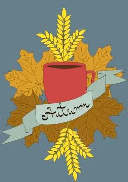Autumn leaves and tea composition on a dark background Stock Illustration