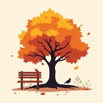 Autumn leaves bench tree Stock Illustration