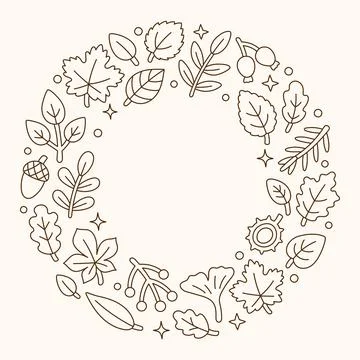Autumn leaves circular frame. Maple, oak, ginkgo, eucalyptus, rowan, acorn and Stock Illustration