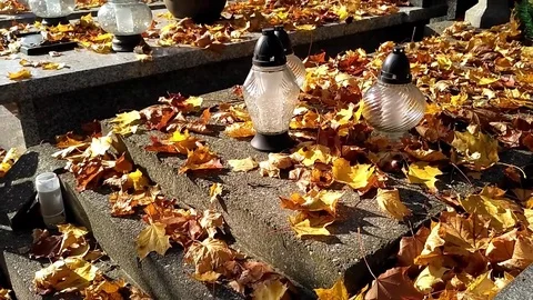Autumn leaves falling down on gravestones Stock Footage 81216283