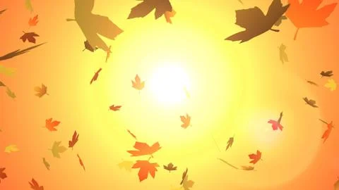 Autumn Leaves falling down over Big Sun in sunset time, Falling Fall leaves. Stock Illustration