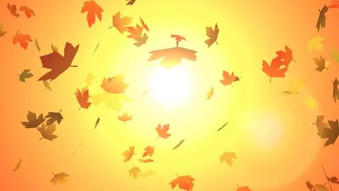 Autumn Leaves falling down over Big Sun in sunset time, Falling Fall leaves. Stock Illustration