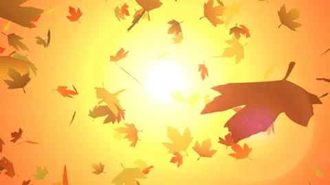 Autumn Leaves falling down over Big Sun in sunset time, Falling Fall leaves. Stock Illustration