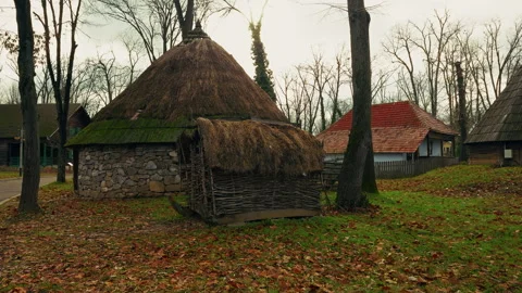 Autumn Leaves Falling Inside An Old Romanian Village Stock Footage 308630099
