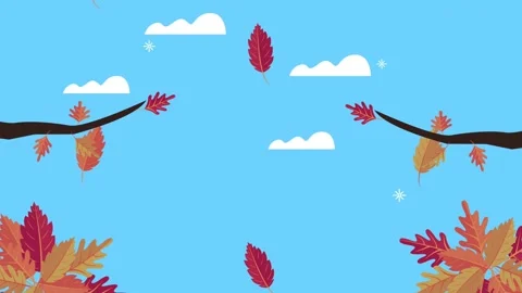 Autumn leaves falling from tree branches in blue sky animated background. Vídeo Stock 339055231