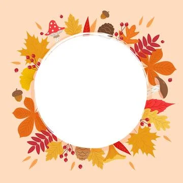Autumn leaves frame, circular shape with different kind of leaves around, copy Illustration