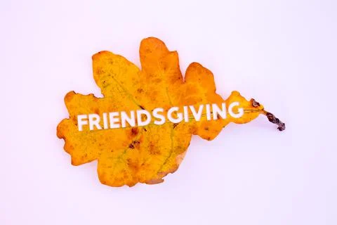 Autumn leaves, objects with Friendsgiving text. Natural patterns, color desig 스톡 사진