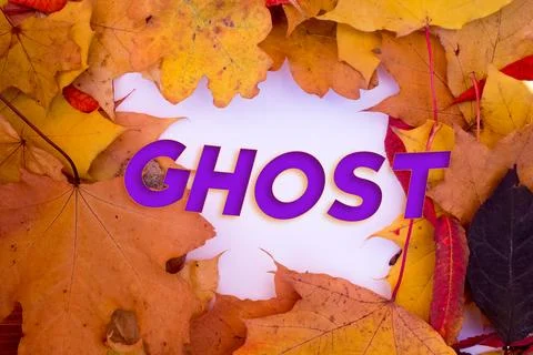 Autumn leaves, objects with Ghost text. Natural patterns, color design. Stockfoto's