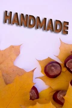 Autumn leaves, objects with Handmade text. Natural patterns, color design. Stock Photos