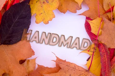 Autumn leaves, objects with Handmade text. Natural patterns, color design. 스톡 사진