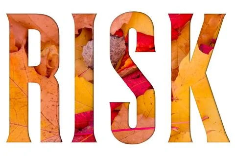 Autumn leaves, objects with Risk text. Natural patterns, color design. Stockfoto's