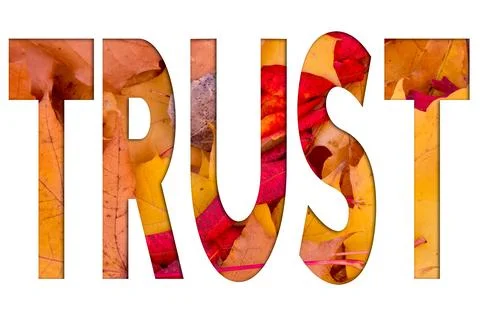 Autumn leaves, objects with Trust text. Natural patterns, color design. Stock Illustration