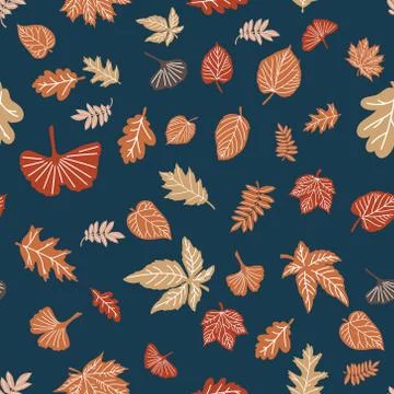 Autumn leaves pattern on dark blue green backgrpound. Vector seamless pattern Stock Illustration