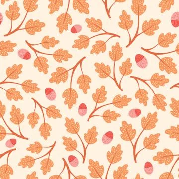 Autumn leaves pattern design. Vector leaf seamless repeat with acorns. 스톡 일러스트