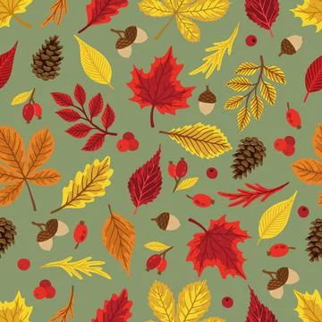Autumn leaves pattern. Falling leaf seamless background with Oak, maple Illustrazione stock