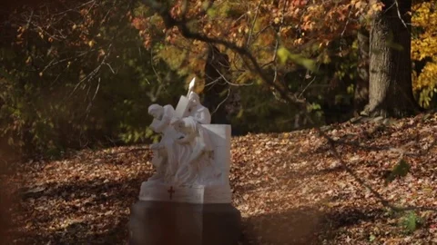 Autumn leaves rack focus to statue Stock Footage 83350156