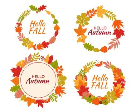 Autumn leaves round frames. Cute falling hello season wreaths, decorative circle Stock Illustration