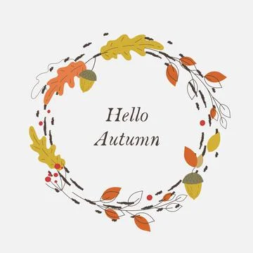 Autumn leaves rounded frame, circle of hand drawn oak leaf, acons, branches Stock Illustration