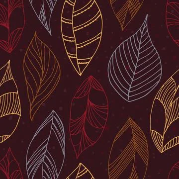 Autumn leaves seamless pattern. Fallen leaves. Doodle, vector Stock Illustration