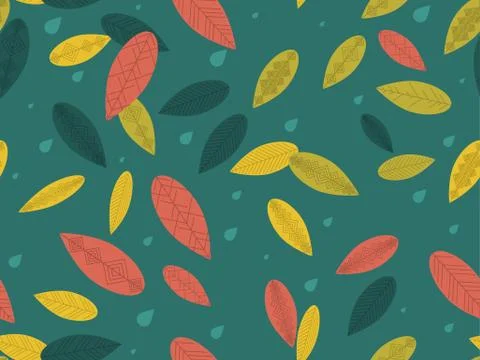 Autumn leaves seamless pattern. Falling leaves, leaf fall and water drops Stock Illustration