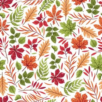 Autumn Leaves Seamless Pattern Flat Vector. Oak, Maple, Chestnut Foliage with 스톡 일러스트
